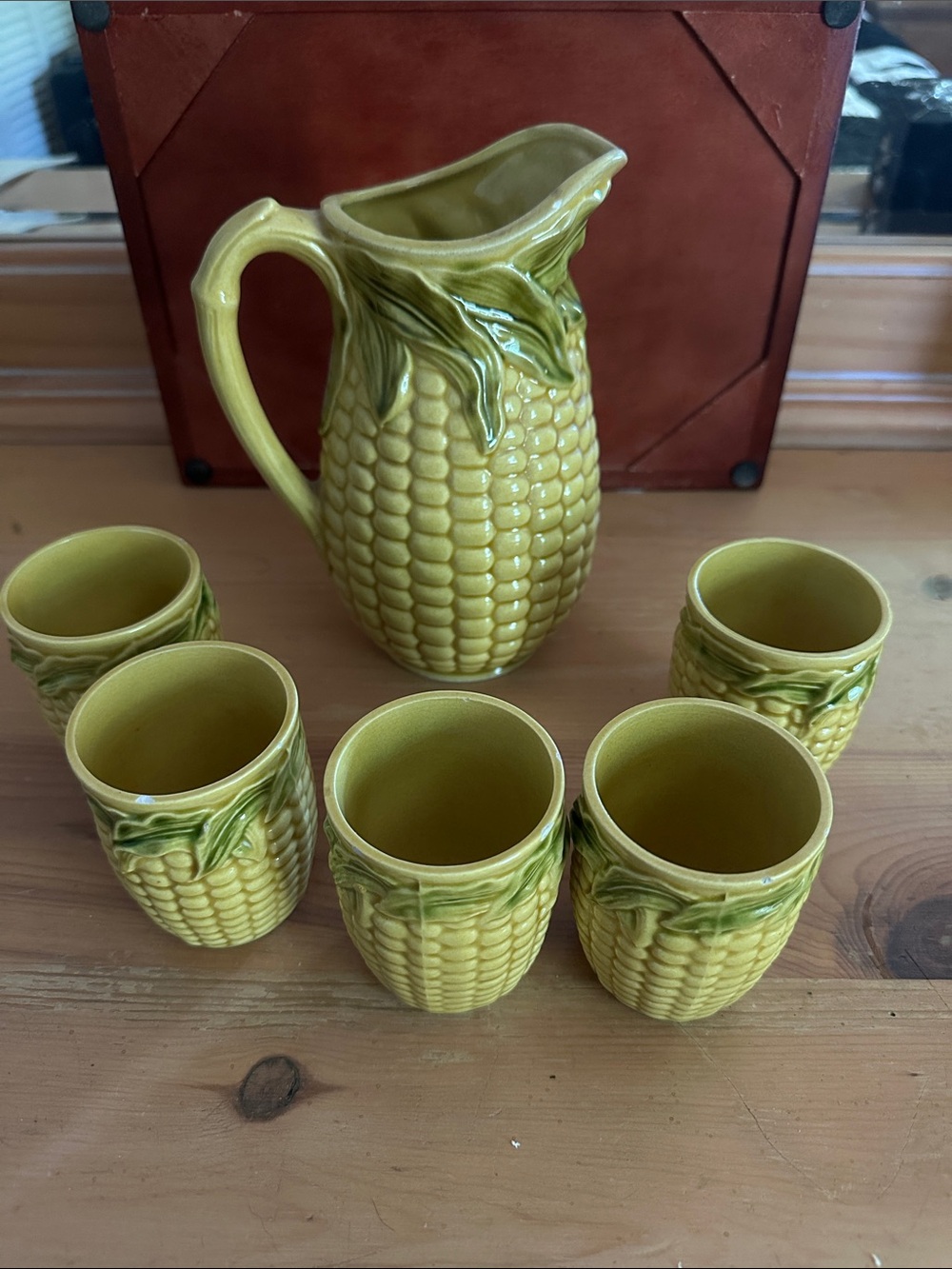 Vintage Yellow Corn Design Ceramic Pitcher and Cups from Japan
